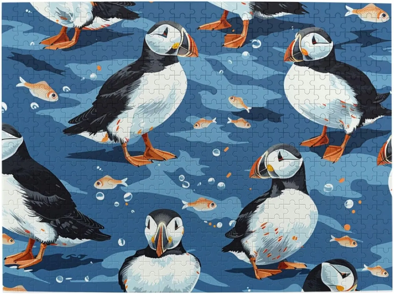 500 Piece Wooden Jigsaw Puzzle for Adults - Cute Puffins and Small Fish Birds Ocean Blue Puzzle, Impossible Challenging Difficult Puzzles,