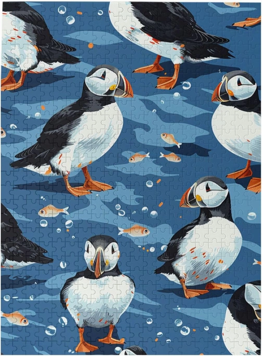500 Piece Jigsaw Puzzle for Adults - Cute Puffins and Small Fish Birds Ocean Blue Wooden Puzzle, Impossible Challenging Difficult Puzzles,