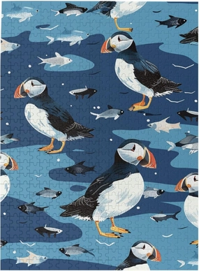 500 Piece Jigsaw Puzzle for Adults - Cute Puffins and Small Fish Ocean Birds Blue Wooden Puzzle, Impossible Challenging Difficult Puzzles,