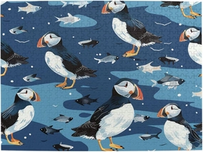 500 Piece Wooden Jigsaw Puzzle for Adults - Cute Puffins and Small Fish Ocean Birds Blue Puzzle, Impossible Challenging Difficult Puzzles,