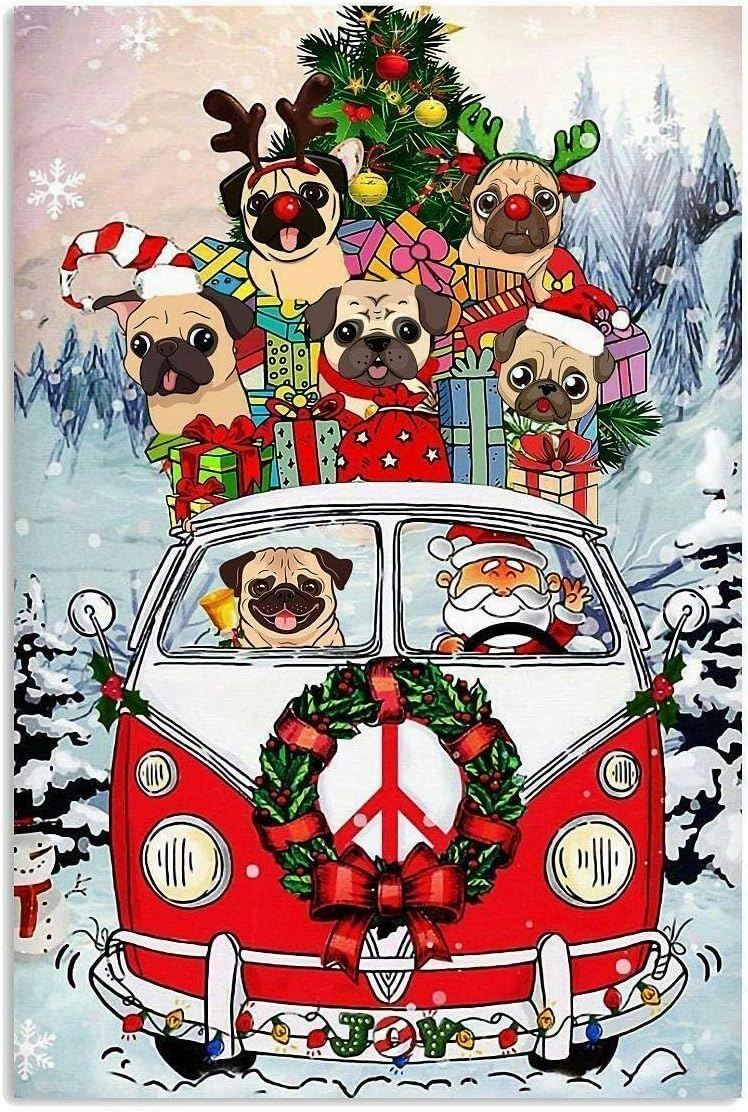 500 Pieces Puzzle for Adult - Pug Christmas Car and Santa Wooden Jigsaw Puzzles Challenging Educational Fun Interactive Toys for Family Creative Gift