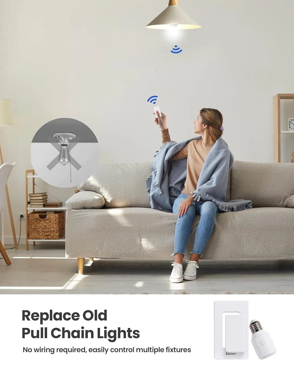 500W Remote Control Light Bulb Socket, Wireless Light Switch for Pull Chain Lighting Fixture, E26 E27 Bulbs Base Holder, Programmable, No Wiring Needed, for Bedroom, Stair, Closet & Garage