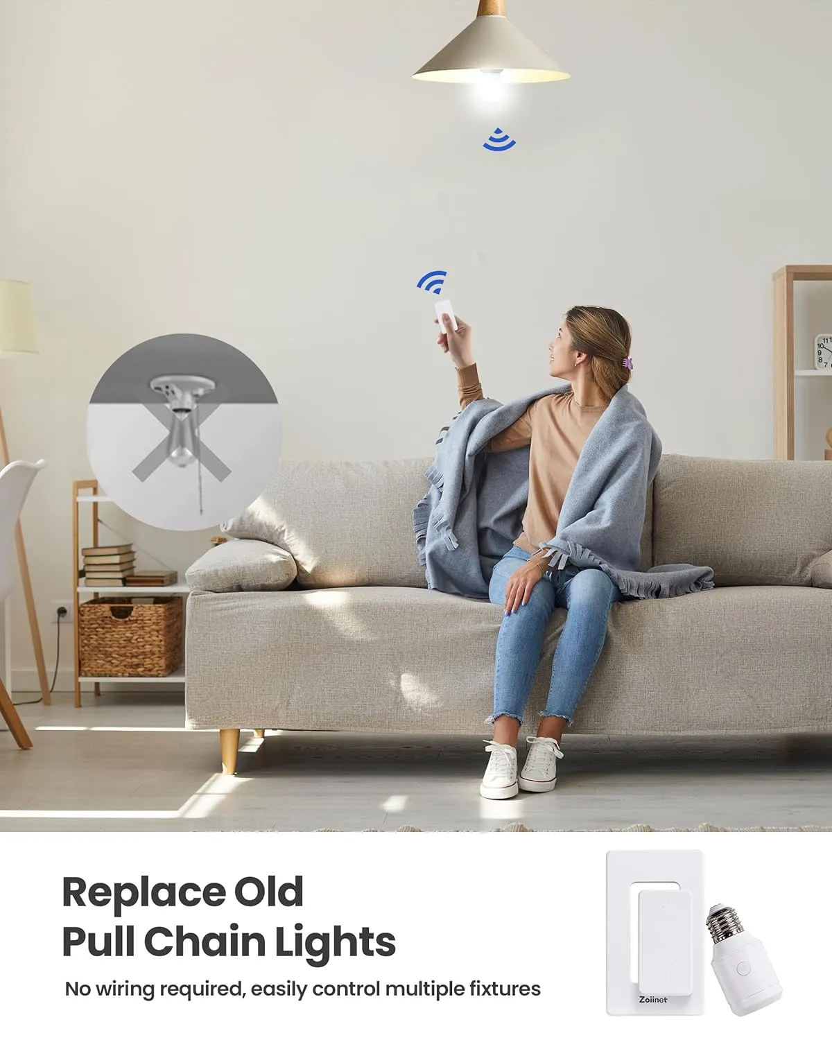 500W Remote Control Light Bulb Socket, Wireless Light Switch for Pull Chain Lighting Fixture, E26 E27 Bulbs Base Holder, Programmable, No Wiring Needed, for Bedroom, Stair, Closet & Garage