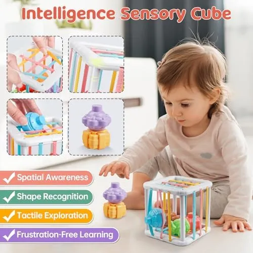 6 in 1 Montessori Baby Toys for 1   Year Old, Infant Sensory Teething Toys for Babies 6-12 Months, Wooden Stacking Building Blocks Shape Sorter, Xylophone Musical Toy, Birthday Gift for Toddlers 1 2 3