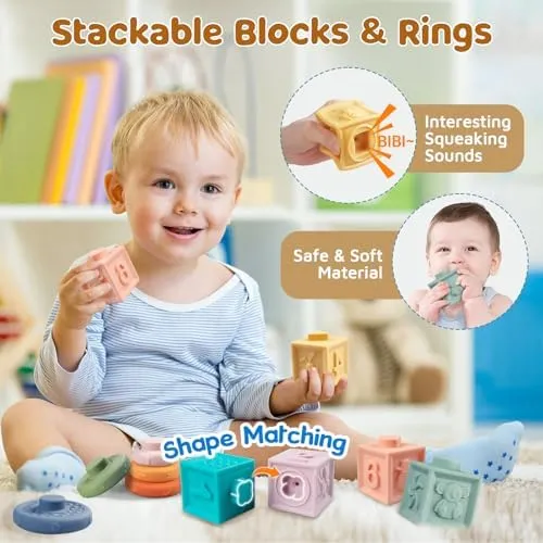 6 in 1 Montessori Baby Toys for 1   Year Old, Infant Sensory Teething Toys for Babies 6-12 Months, Wooden Stacking Building Blocks Shape Sorter, Xylophone Musical Toy, Birthday Gift for Toddlers 1 2 3