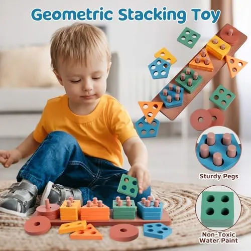 6 in 1 Montessori Baby Toys for 1   Year Old, Infant Sensory Teething Toys for Babies 6-12 Months, Wooden Stacking Building Blocks Shape Sorter, Xylophone Musical Toy, Birthday Gift for Toddlers 1 2 3