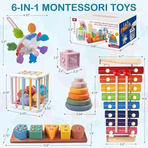 6 in 1 Montessori Baby Toys for 1   Year Old, Infant Sensory Teething Toys for Babies 6-12 Months, Wooden Stacking Building Blocks Shape Sorter, Xylophone Musical Toy, Birthday Gift for Toddlers 1 2 3