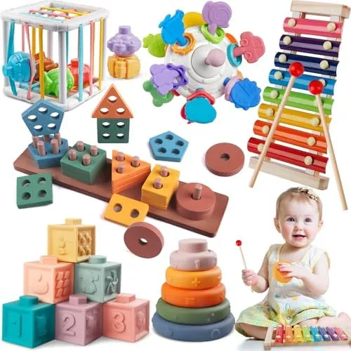 6 in 1 Montessori Baby Toys for 1   Year Old, Infant Sensory Teething Toys for Babies 6-12 Months, Wooden Stacking Building Blocks Shape Sorter, Xylophone Musical Toy, Birthday Gift for Toddlers 1 2 3