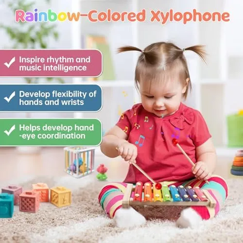 6 in 1 Montessori Baby Toys for 1   Year Old, Infant Sensory Teething Toys for Babies 6-12 Months, Wooden Stacking Building Blocks Shape Sorter, Xylophone Musical Toy, Birthday Gift for Toddlers 1 2 3