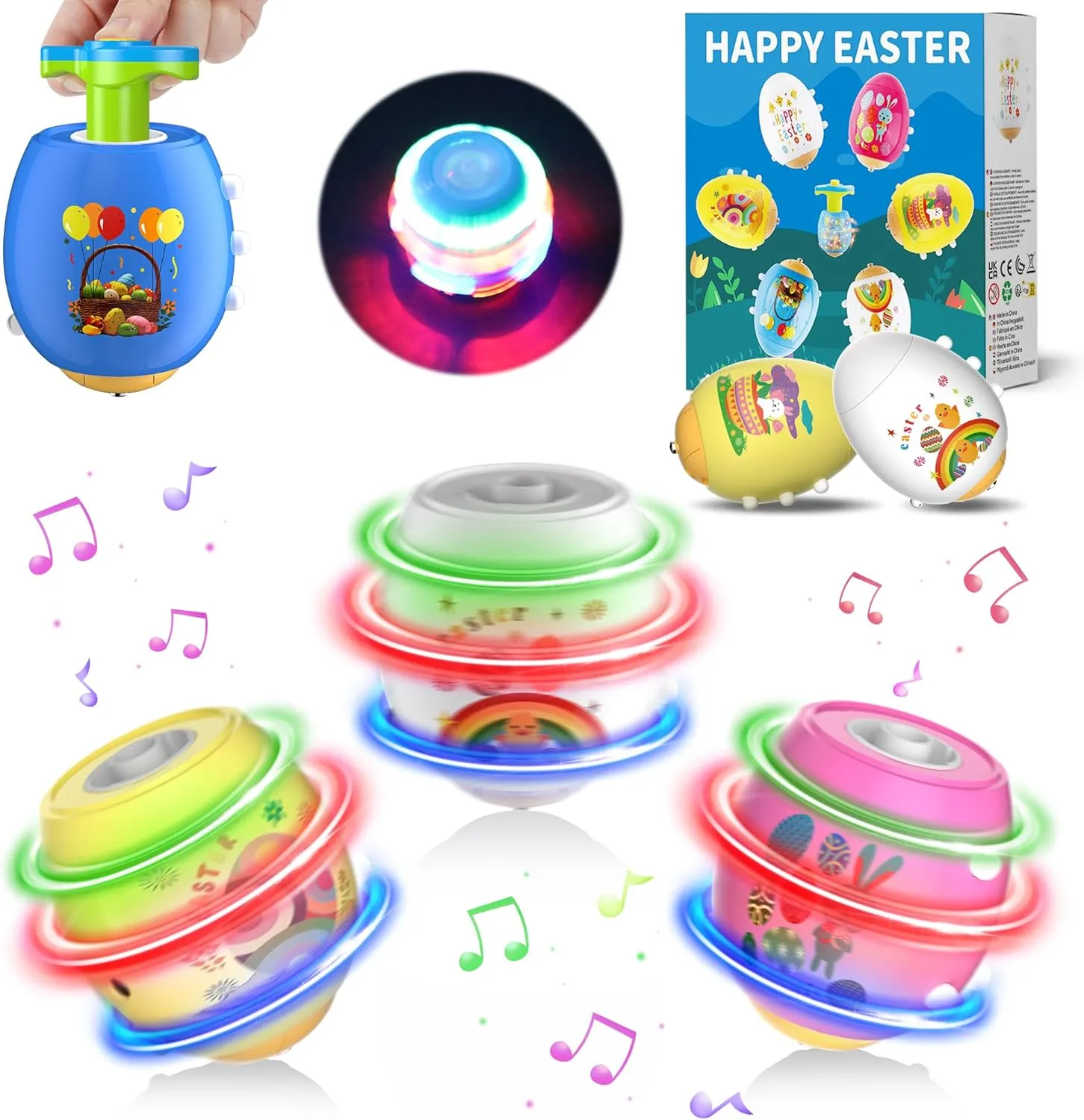 6 PCS Easter Eggs Light Up Flashing Spinning Tops for Kids, Easter Egg Spin Toys with LED Gyroscope for Party Favors Gift, Classroom Event Rewards, Goodie Bag Stuffers, Glow in The Dark Party Supplies