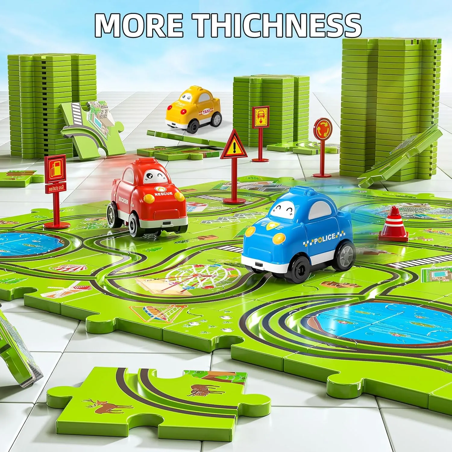 64 Pieces Puzzle Race Track Car Set Toys for 3 4 5 6 Year Old Boys - Puzzle Tracks Car Toys for Kids Ages 3-5 with 3 Sliding Toy Cars, City-Themed, Birthday Gifts for Toddlers 1-3 2-4 4-6