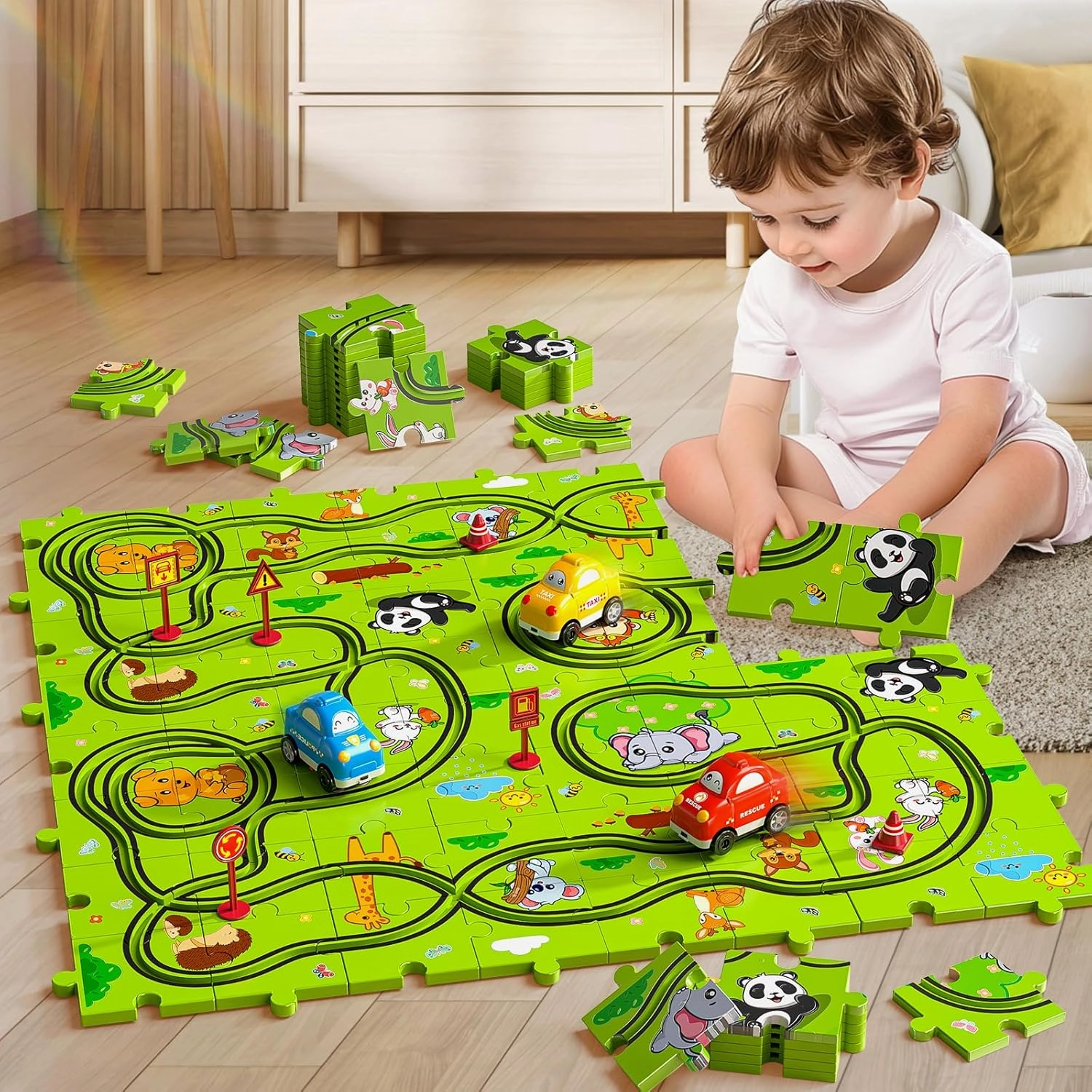 64 Pieces Puzzle Race Track Car Set Toys for 3 4 5 6 Year Old Boys - Puzzle Tracks Car Toys for Kids Ages 3-5 with 3 Sliding Toy Cars, Animals-Themed, Birthday Gifts for Toddlers 1-3 2-4 4-6