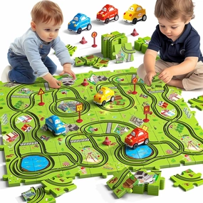 64 Pieces Puzzle Race Track Car Set Toys for 3 4 5 6 Year Old Boys - Puzzle Tracks Car Toys for Kids Ages 3-5 with 3 Sliding Toy Cars, Animals-Themed, Birthday Gifts for Toddlers 1-3 2-4 4-6