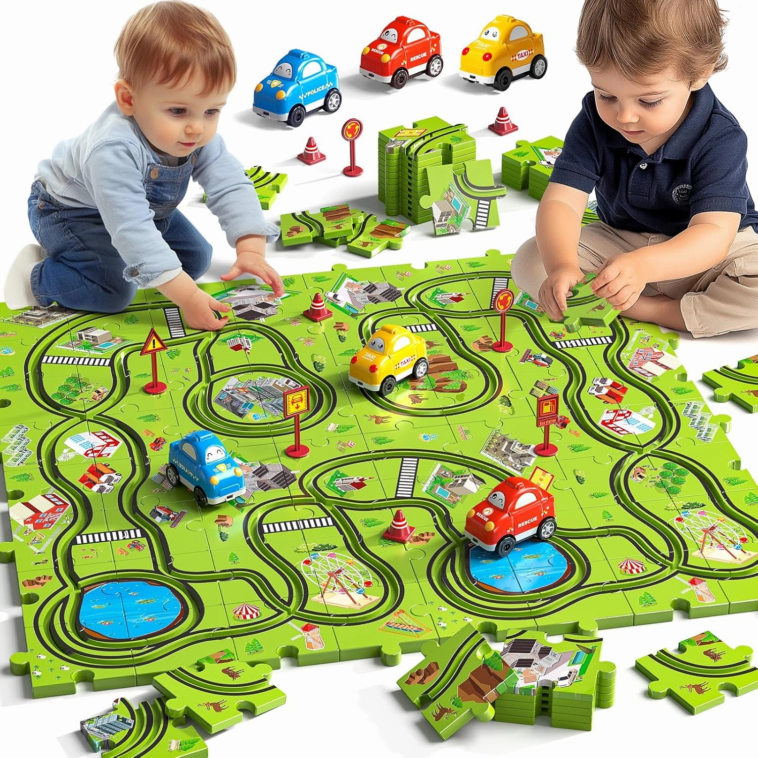 64 Pieces Puzzle Race Track Car Set Toys for 3 4 5 6 Year Old Boys - Puzzle Tracks Car Toys for Kids Ages 3-5 with 3 Sliding Toy Cars, Animals-Themed, Birthday Gifts for Toddlers 1-3 2-4 4-6