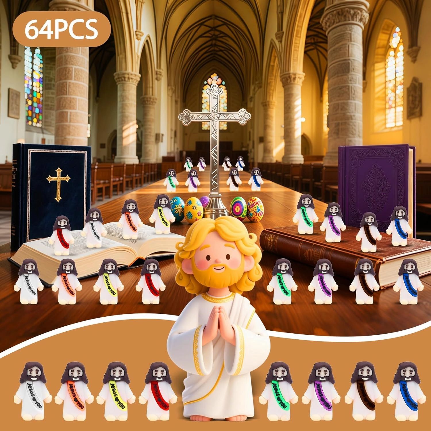 64Pcs Little Jesus Figures Mini Jesus Love You Figurines Bulk Tiny Miniature Rubber Toys to Hide and Seek Religious Party Favors Sunday School Baptism Gifts Multicolor Easter Egg Stuffers