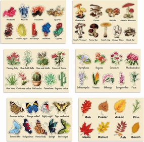 6 Set Wooden Puzzle for Toddler Early Educational Jigsaw Mushroom Flower Leaves Crystal Succulent Butterflies for Birthday Gift Education School Boy Girl