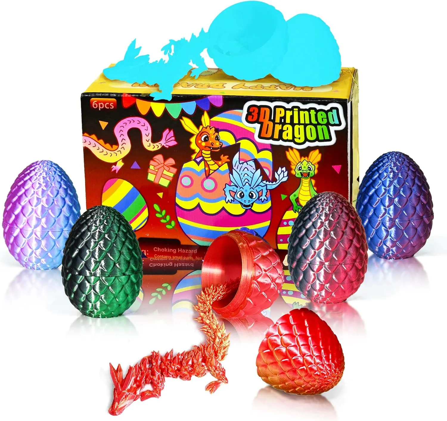 6PCS Mini 3D Printed Easter Dragon Eggs with 3D Printed Dragon Inside, Micro Easter Basket Stuffers Mini Dragon Egg Set Articulated Crystal Dragon Fidget Toy for Adults Teens