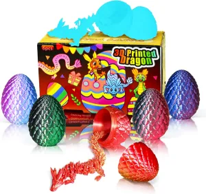 6PCS Mini 3D Printed Easter Dragon Eggs with 3D Printed Dragon Inside, Micro Easter Basket Stuffers Mini Dragon Egg Set Articulated Crystal Dragon Fidget Toy for Adults Teens