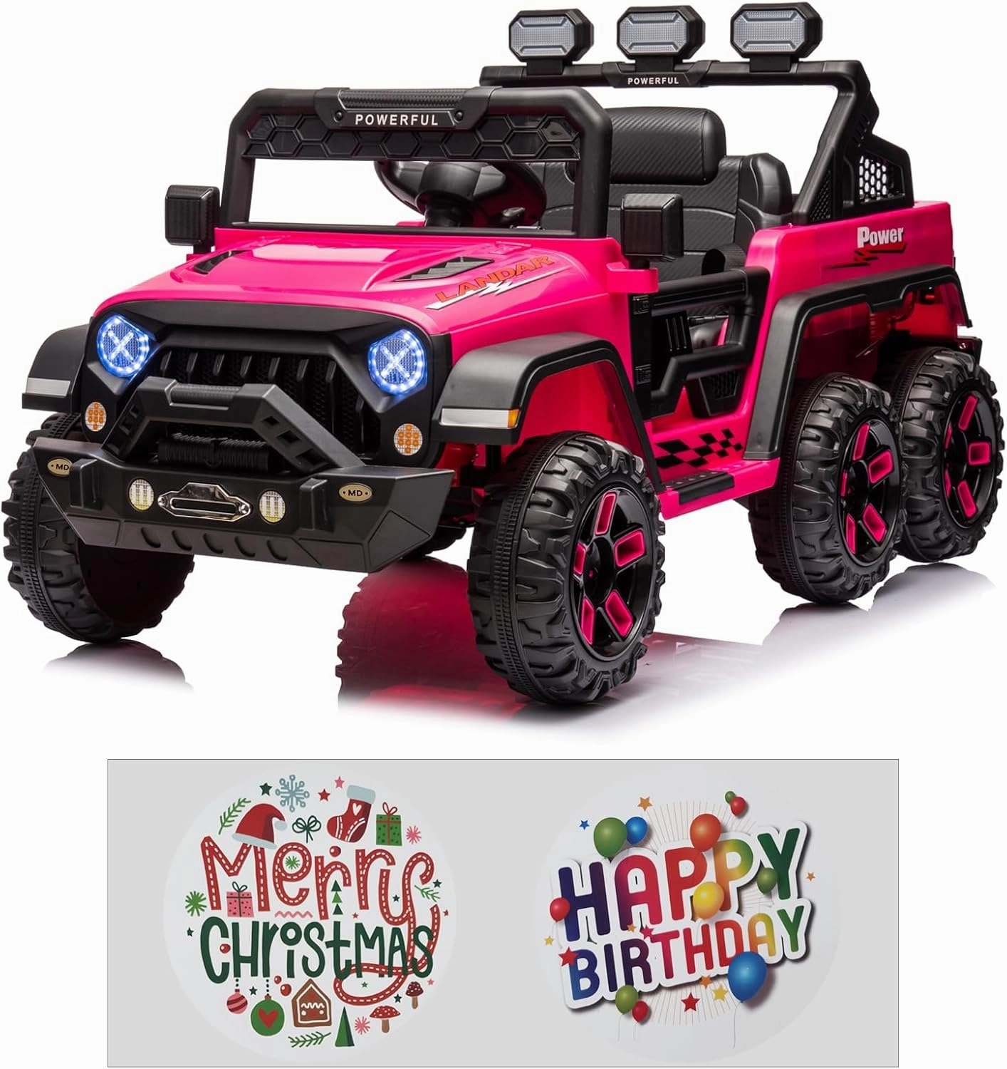 6x6 Big Ride on Truck with Remote Control, Powerful 4 Motors, Pickup Tailgate, Kids Electric Car with 6 Wheels, Music Player, Openable Doors, LED Light, 4 Spring Suspension, Rose Pink
