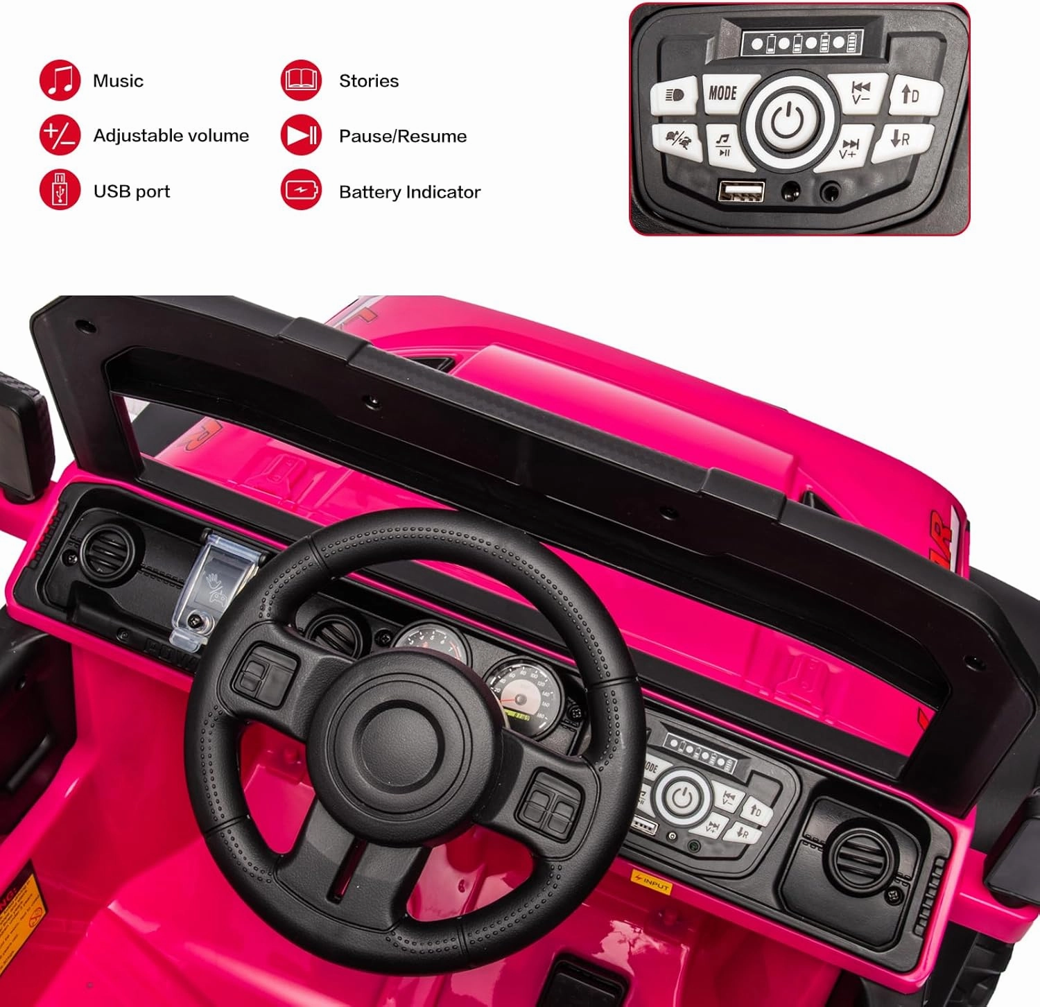 6x6 Big Ride on Truck with Remote Control, Powerful 4 Motors, Pickup Tailgate, Kids Electric Car with 6 Wheels, Music Player, Openable Doors, LED Light, 4 Spring Suspension, Rose Pink