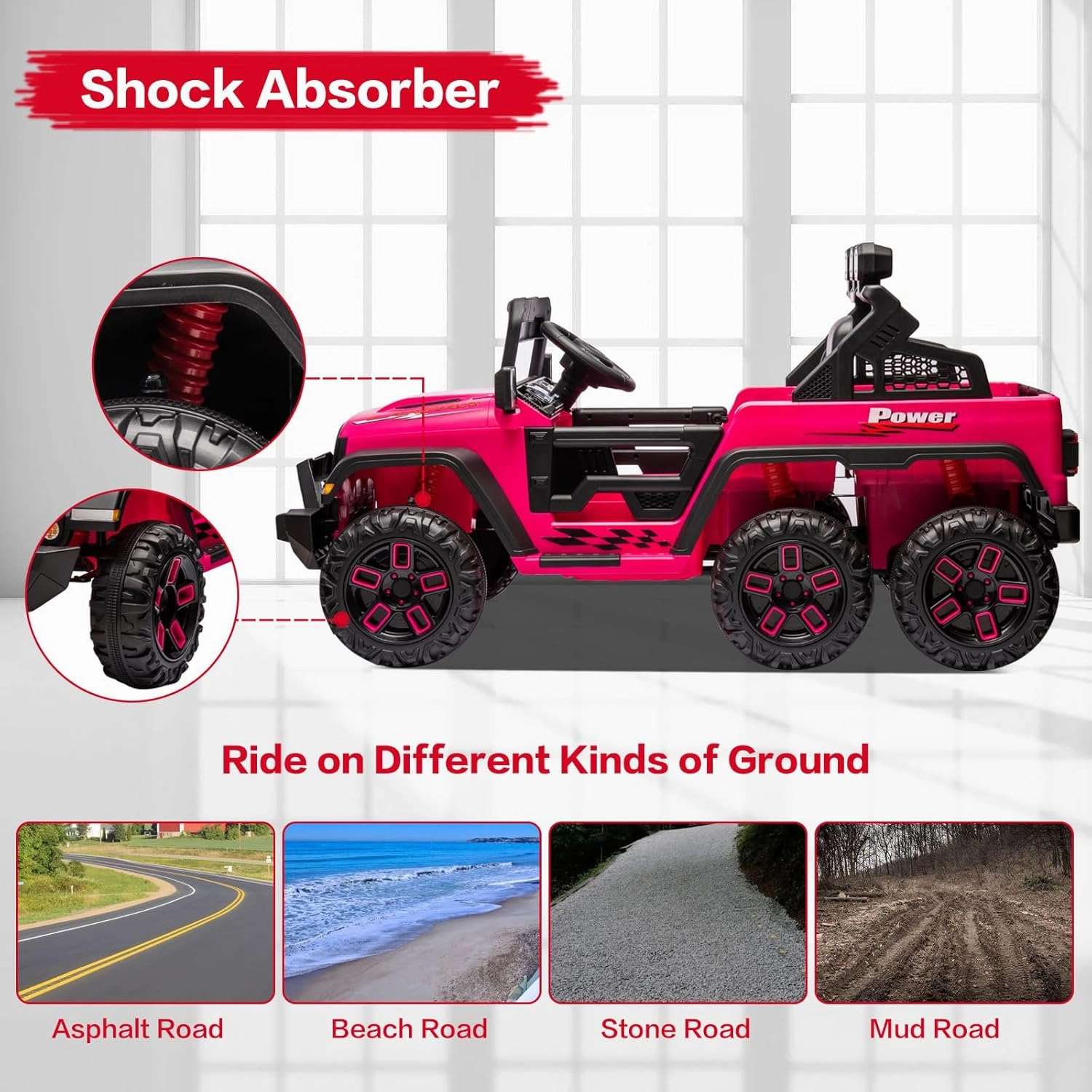 6x6 Big Ride on Truck with Remote Control, Powerful 4 Motors, Pickup Tailgate, Kids Electric Car with 6 Wheels, Music Player, Openable Doors, LED Light, 4 Spring Suspension, Rose Pink