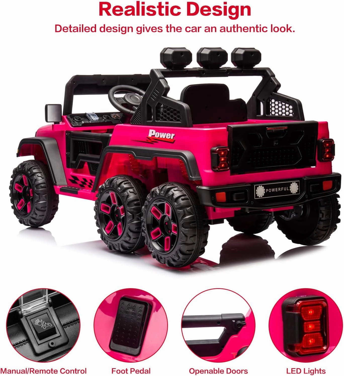 6x6 Big Ride on Truck with Remote Control, Powerful 4 Motors, Pickup Tailgate, Kids Electric Car with 6 Wheels, Music Player, Openable Doors, LED Light, 4 Spring Suspension, Rose Pink