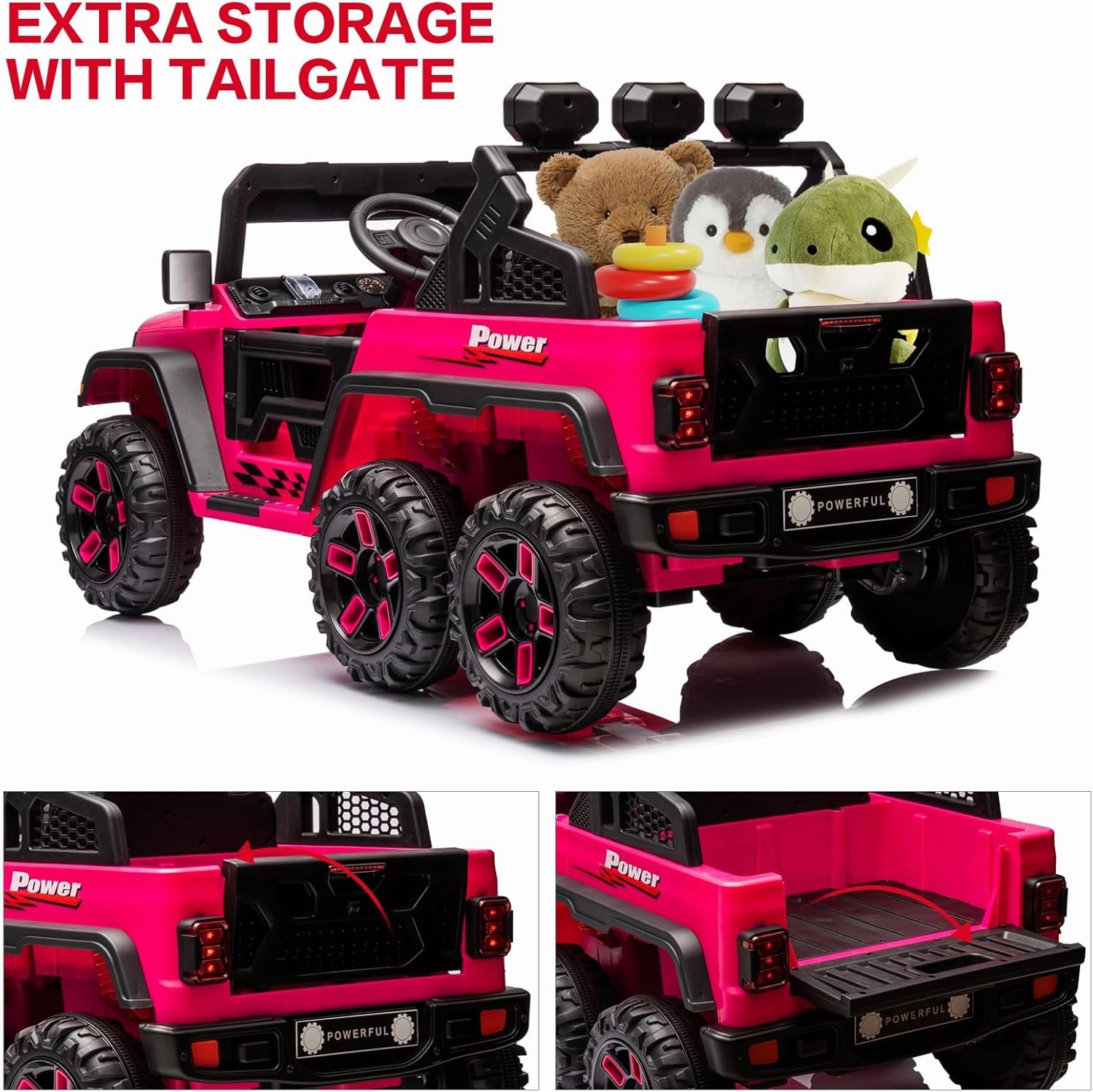 6x6 Big Ride on Truck with Remote Control, Powerful 4 Motors, Pickup Tailgate, Kids Electric Car with 6 Wheels, Music Player, Openable Doors, LED Light, 4 Spring Suspension, Rose Pink