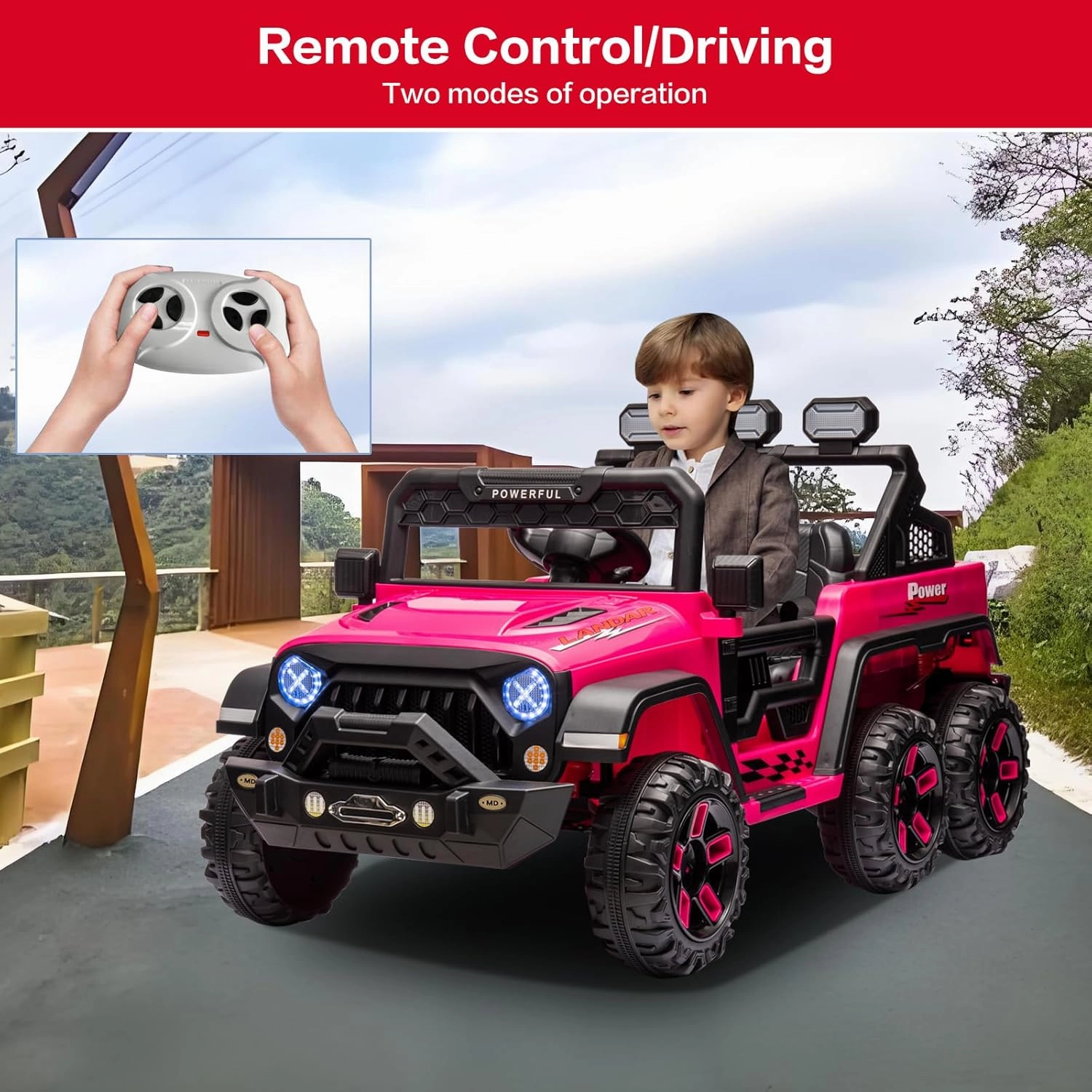 6x6 Big Ride on Truck with Remote Control, Powerful 4 Motors, Pickup Tailgate, Kids Electric Car with 6 Wheels, Music Player, Openable Doors, LED Light, 4 Spring Suspension, Rose Pink