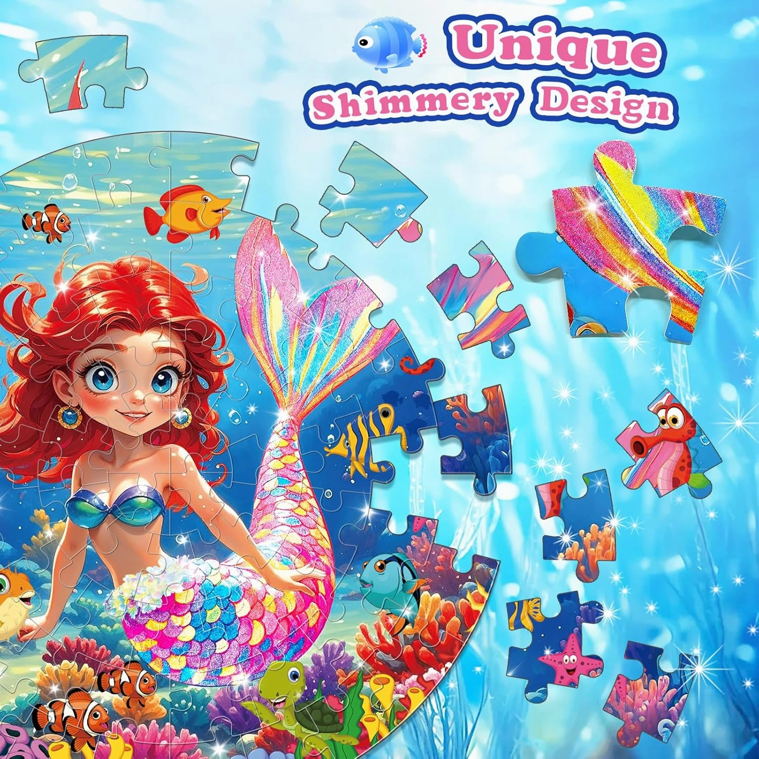 72 Pieces Shimmery Jumbo Mermaid Floor Puzzle for Girls 3-5 4-6 Age Floor Puzzles for Boys and Girls Large Round Floor Jigsaw Puzzles (Mermaid)