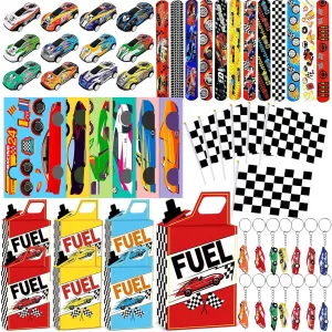72Pcs Race Car Party Favors Racing Car Birthday Party Supplies Race Car Fuel Can Treat Boxes Key Chains Slap Bracelets Black White Checkered Flag DIY Sticker for Kids Boy Girl Birthday Decorations