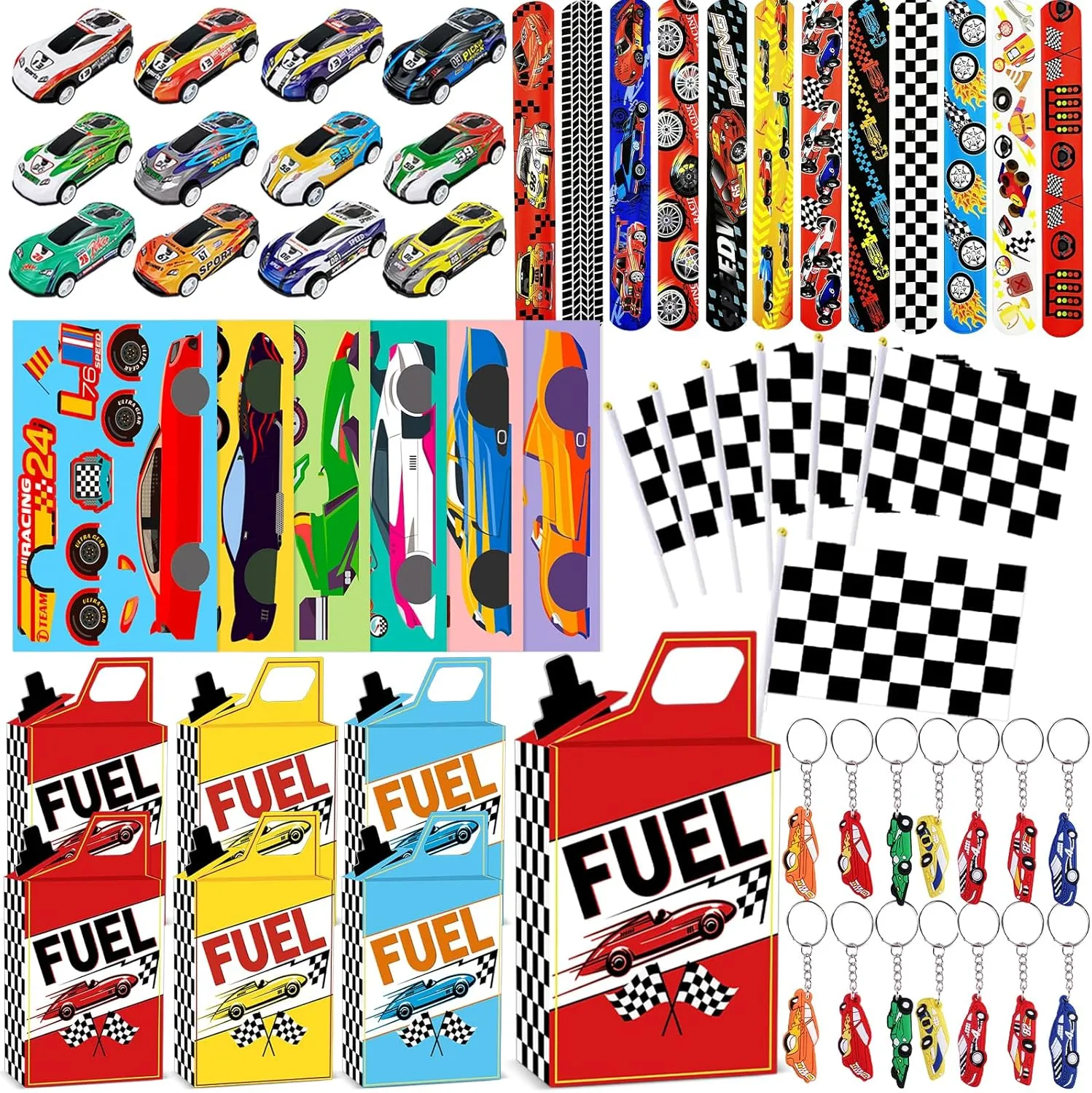 72Pcs Race Car Party Favors Racing Car Birthday Party Supplies Race Car Fuel Can Treat Boxes Key Chains Slap Bracelets Black White Checkered Flag DIY Sticker for Kids Boy Girl Birthday Decorations
