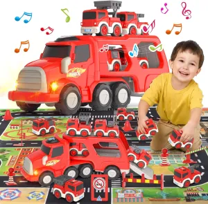 8 in 1 Fire Truck Toys for 2 3 4 5 Year Old Boy, Fire Trucks Cars Toys for Toddler 1-3 3-5, Fire Cars with Play Mat Light & Sound, Easter Christmas Birthday Gifts for 1 2 3 4 Year Old Boy