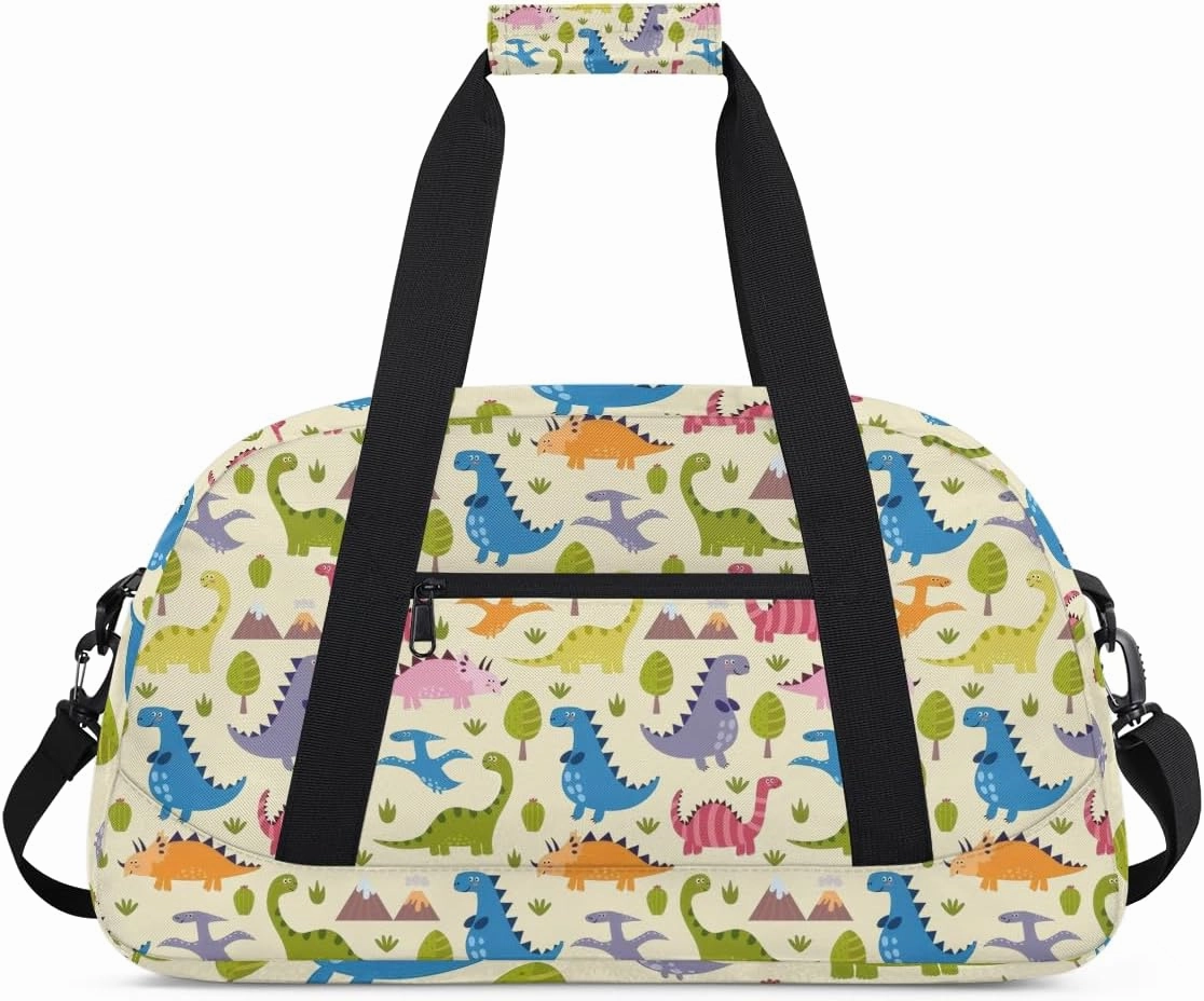 （Cute Dinosaur）Kids Overnighter Duffel Bags for Boys, Carry-On Size Sports Gym Bag with Front Zipper Pocket for School Practice or Overnight Travel Weekender Sleepover Tote Bag