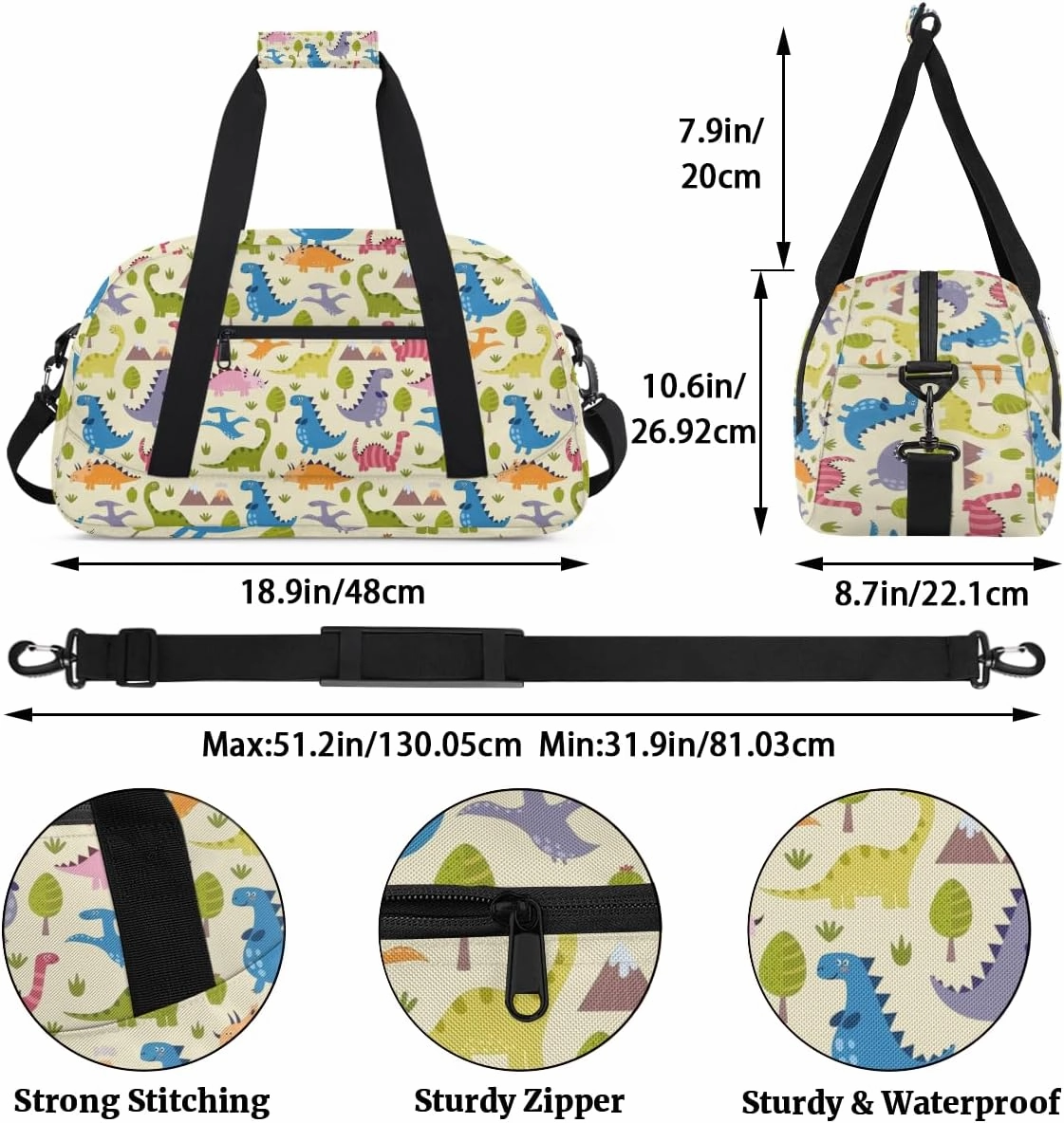 （Cute Dinosaur）Kids Overnighter Duffel Bags for Boys, Carry-On Size Sports Gym Bag with Front Zipper Pocket for School Practice or Overnight Travel Weekender Sleepover Tote Bag