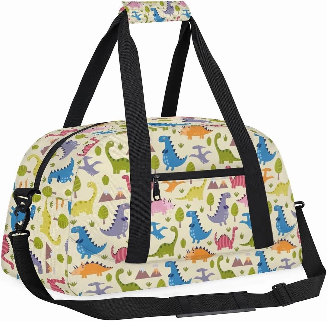 （Cute Dinosaur）Kids Overnighter Duffel Bags for Boys, Carry-On Size Sports Gym Bag with Front Zipper Pocket for School Practice or Overnight Travel Weekender Sleepover Tote Bag