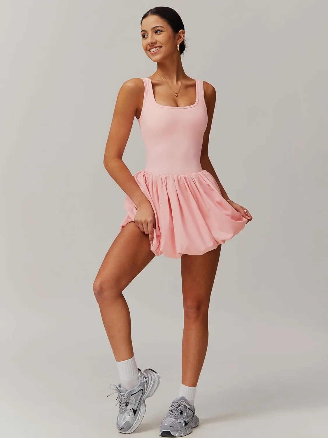 ABOCIW Womens Bubble Tennis Dress Squre Neck Sleeveless Workout Golf Athletic Dress Built in Bra & Shorts with Pockets