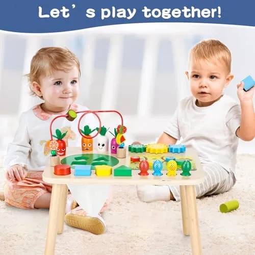 Activity Table for 1  Year Old Girls Boys, 7-in-1 Wooden Montessori Toys, Activity Center, Baby Toddler Sensory Toys Kids First Birthday Gift