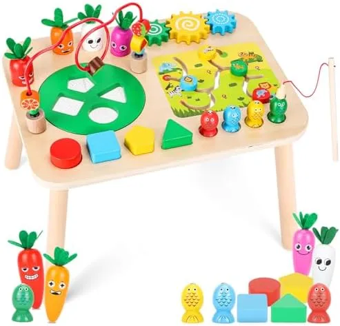 Activity Table for 1  Year Old Girls Boys, 7-in-1 Wooden Montessori Toys, Activity Center, Baby Toddler Sensory Toys Kids First Birthday Gift