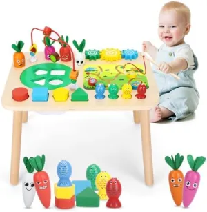 Activity Table for 1  Year Old Girls Boys, 7-in-1 Wooden Montessori Toys, Activity Center, Baby Toddler Sensory Toys Kids First Birthday Gift