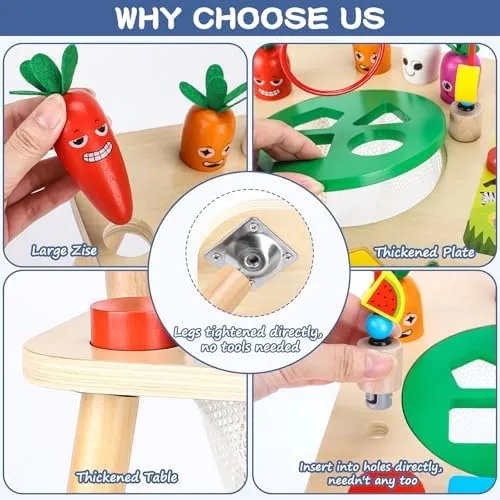 Activity Table for 1  Year Old Girls Boys, 7-in-1 Wooden Montessori Toys, Activity Center, Baby Toddler Sensory Toys Kids First Birthday Gift