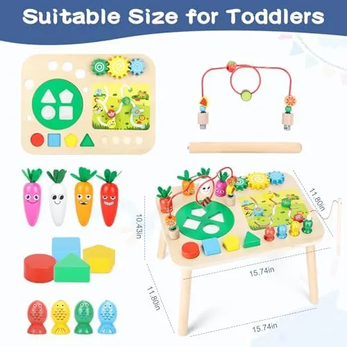 Activity Table for 1  Year Old Girls Boys, 7-in-1 Wooden Montessori Toys, Activity Center, Baby Toddler Sensory Toys Kids First Birthday Gift