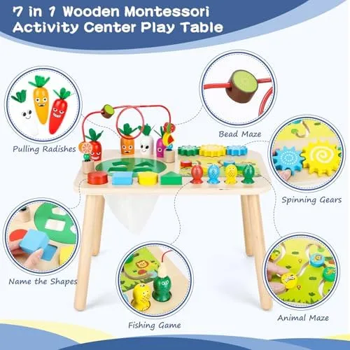 Activity Table for 1  Year Old Girls Boys, 7-in-1 Wooden Montessori Toys, Activity Center, Baby Toddler Sensory Toys Kids First Birthday Gift