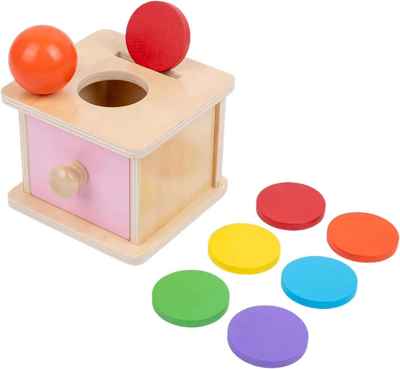 Adena Montessori Coin Box,Object Permanence Box Toys for 1 Year Old Baby Coins,Wooden Montessori Ball Drop Toys Developmental Toys for 6-12 Month Infant Toys,Learning Kids Gifts(Yellow-Green Door)