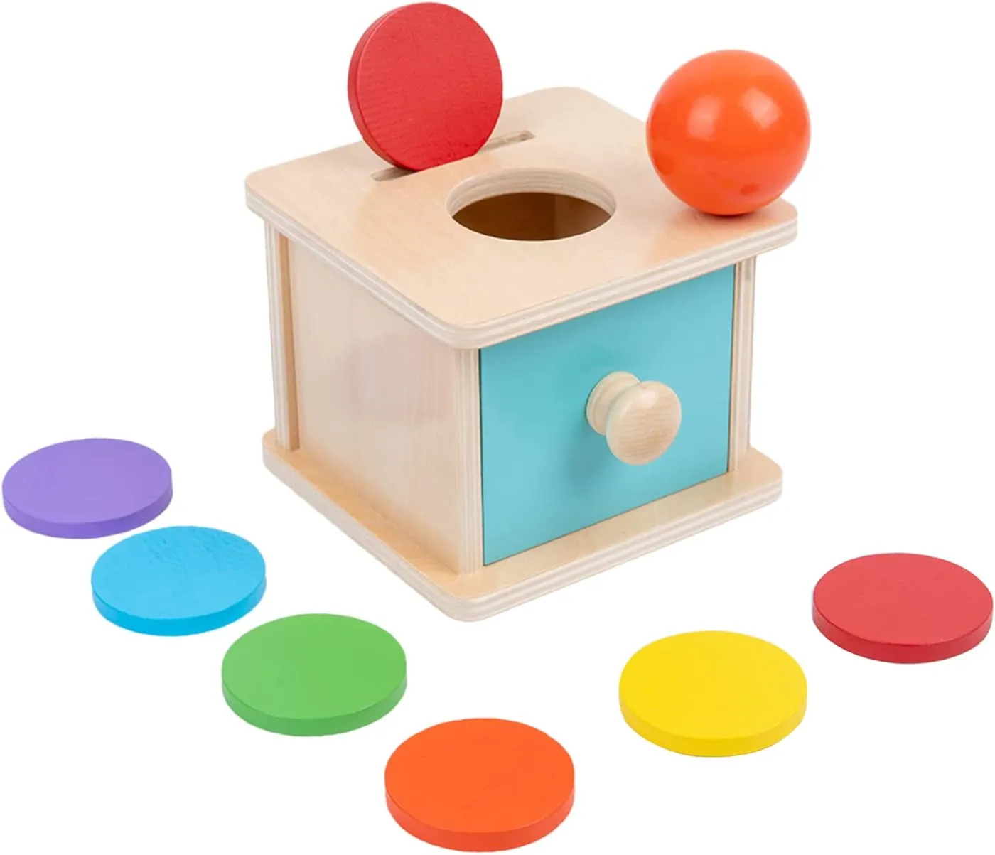 Adena Montessori Coin Box,Object Permanence Box Toys for 1 Year Old Baby Coins,Wooden Montessori Ball Drop Toys Developmental Toys for 6-12 Month Infant Toys,Learning Kids Gifts(Yellow-Green Door)