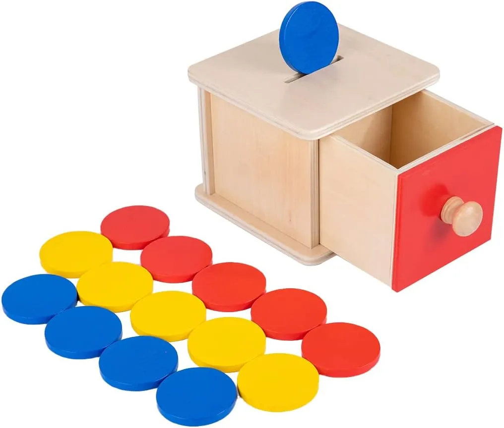 Adena Montessori Coin Box,Object Permanence Box Toys for 1 Year Old Baby Coins,Wooden Montessori Ball Drop Toys Developmental Toys for 6-12 Month Infant Toys,Learning Kids Gifts(Yellow-Green Door)