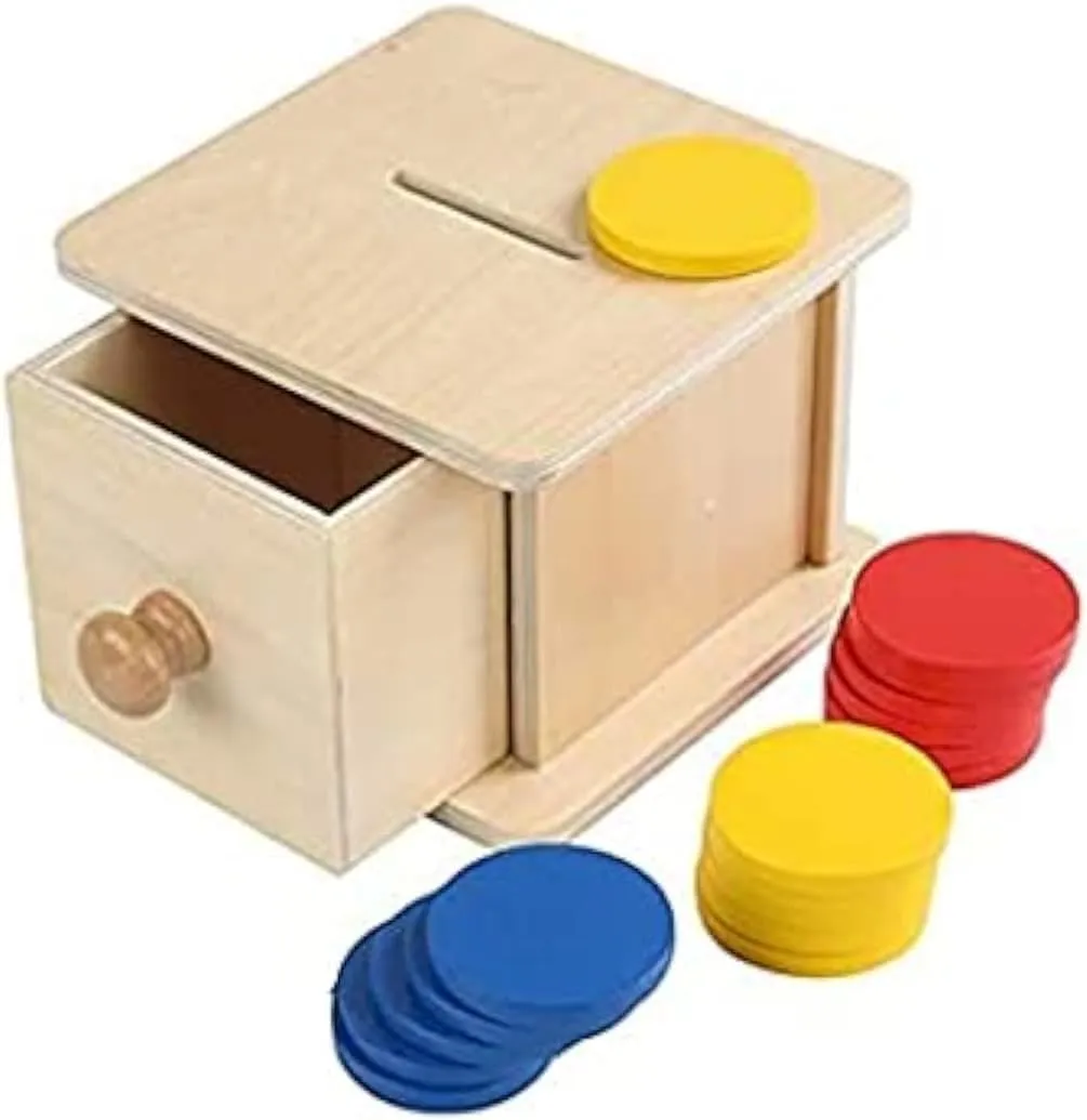 Adena Montessori Coin Box,Object Permanence Box Toys for 1 Year Old Baby Coins,Wooden Montessori Ball Drop Toys Developmental Toys for 6-12 Month Infant Toys,Learning Kids Gifts(Yellow-Green Door)