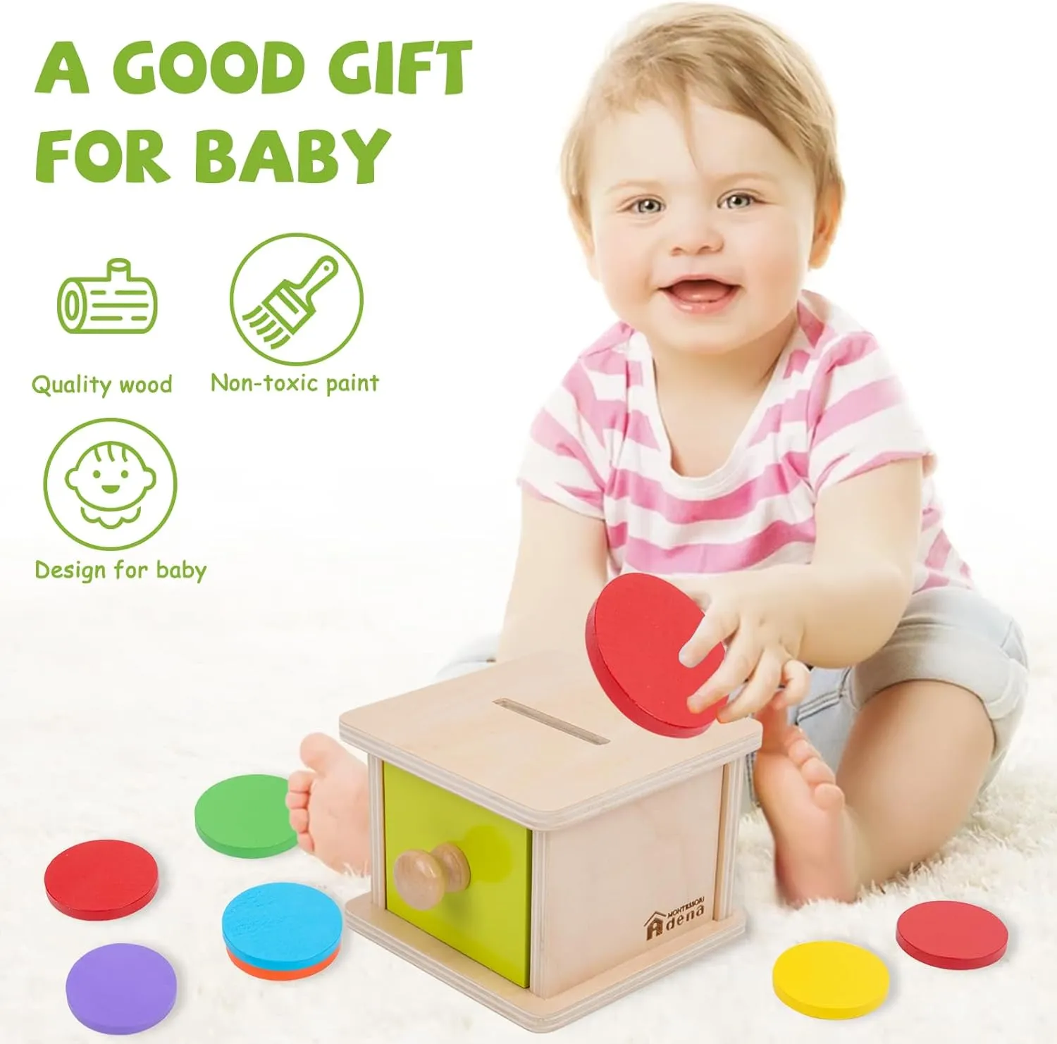 Adena Montessori Coin Box,Object Permanence Box Toys for 1 Year Old Baby Coins,Wooden Montessori Ball Drop Toys Developmental Toys for 6-12 Month Infant Toys,Learning Kids Gifts(Yellow-Green Door)