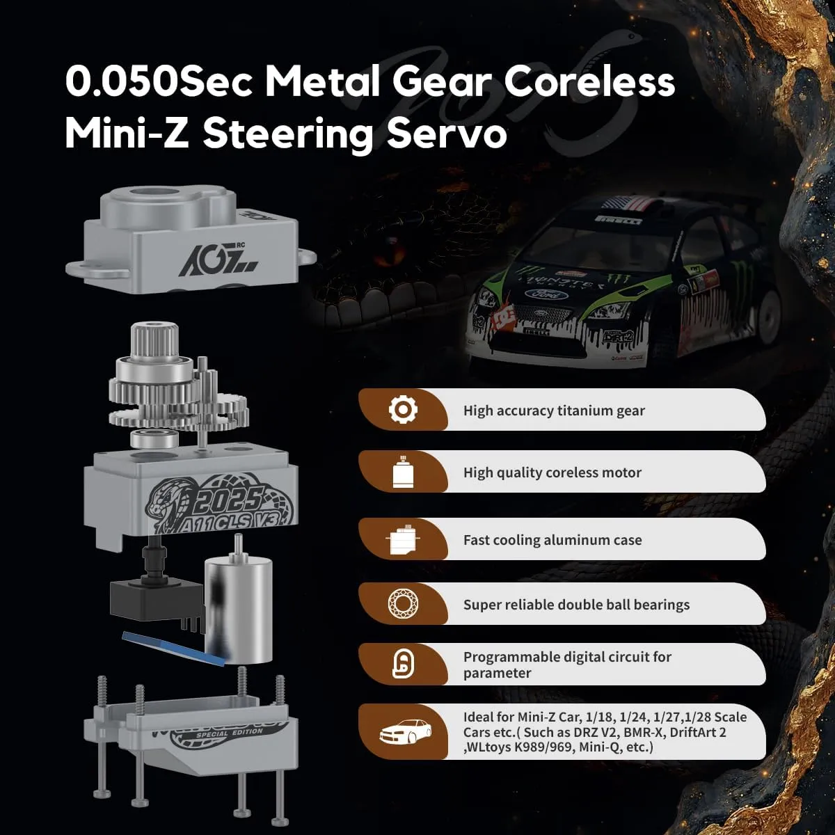 AGFRC Mini-Z-Car Micro RC-Steering Servo - 1.4KG 0.050sec High Speed Programmable Full Metal Gear Coreless Digital Mini Servo, Control Angle 180° (A11CLS V3 2025 Special Edition)