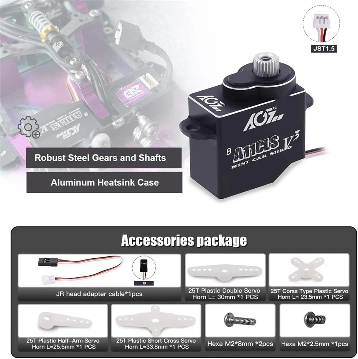 AGFRC Mini-Z-Car Micro RC-Steering Servo - 1.4KG Upgrade Programmable 0.050sec High Speed Full Metal Gear Mini Digital Coreless Black Servo, Control Angle 180° (A11CLS V3)