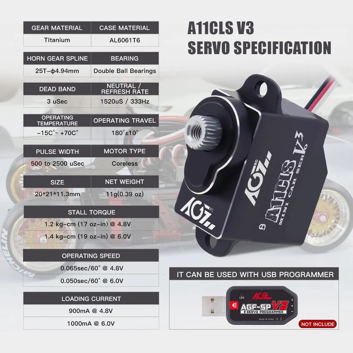 AGFRC Mini-Z-Car Micro RC-Steering Servo - 1.4KG Upgrade Programmable 0.050sec High Speed Full Metal Gear Mini Digital Coreless Black Servo, Control Angle 180° (A11CLS V3)